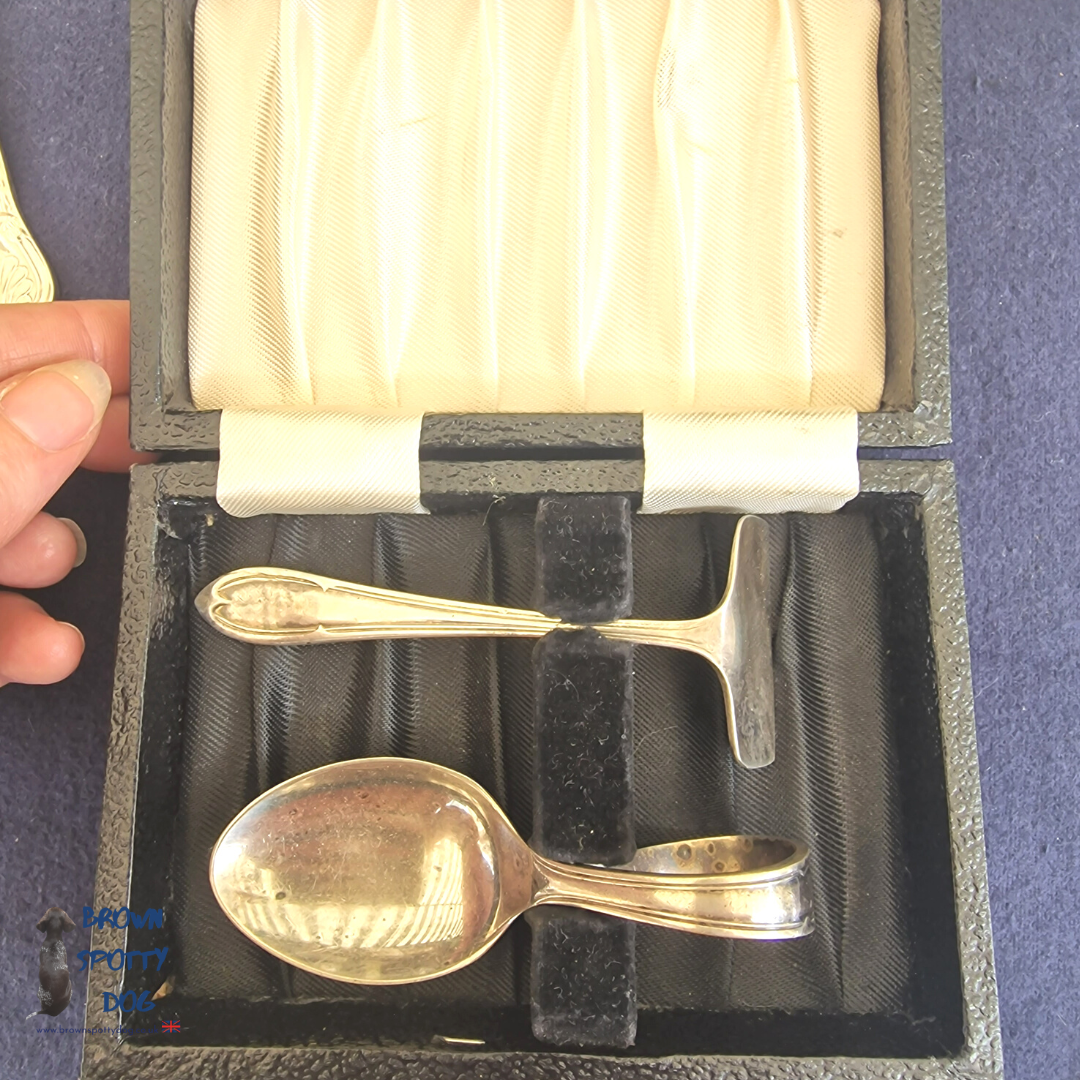 Vintage EPNS Silver Plate 1922 -1930 Baby Feeder Christening Set, Spoon and Pusher