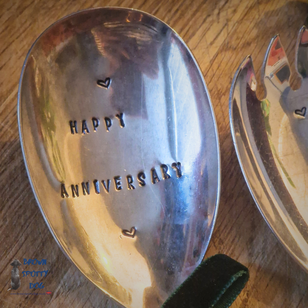 Happy Anniversary vintage Salad Servers with a Unique Art Deco Handle