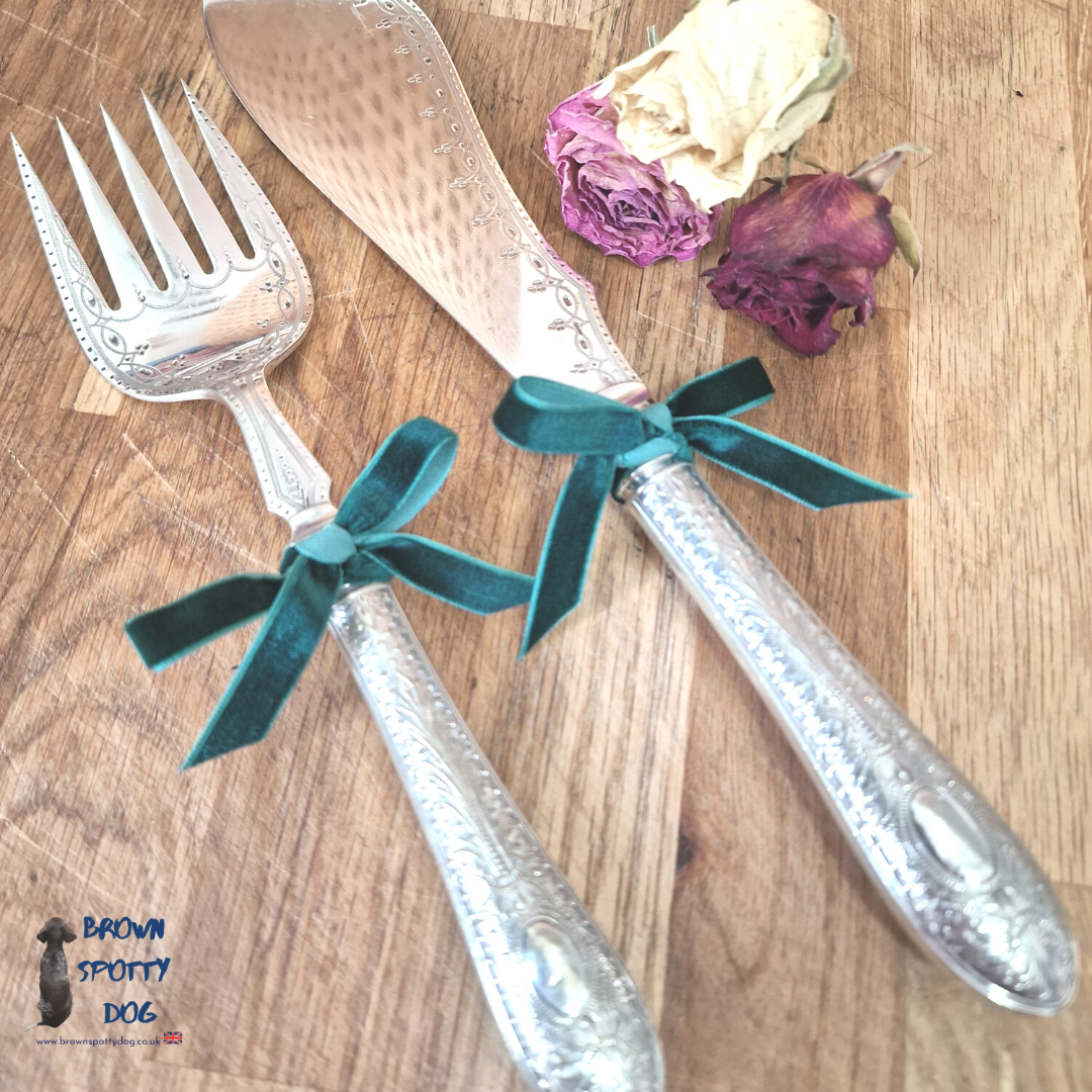 Vintage Silver Plate Wedding Cake Knife and Fork Serving Gift Set