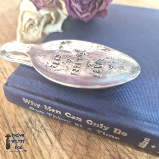 "Read, Breathe, Relax" Small Vintage Silver Plate Spoon Bookmark