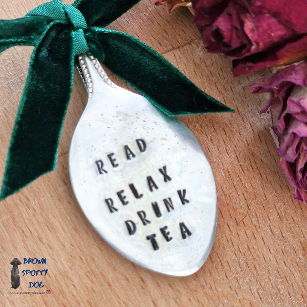 "Read, relax, drink tea " Small Vintage Silver Plate Spoon Bookmark