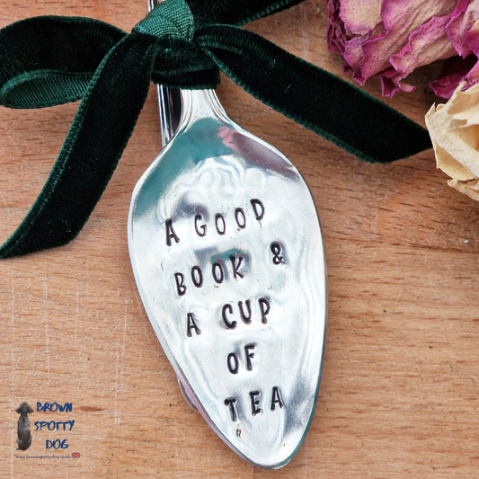 "A good book & a cup of tea  Small Vintage Silver Plate Spoon Bookmark